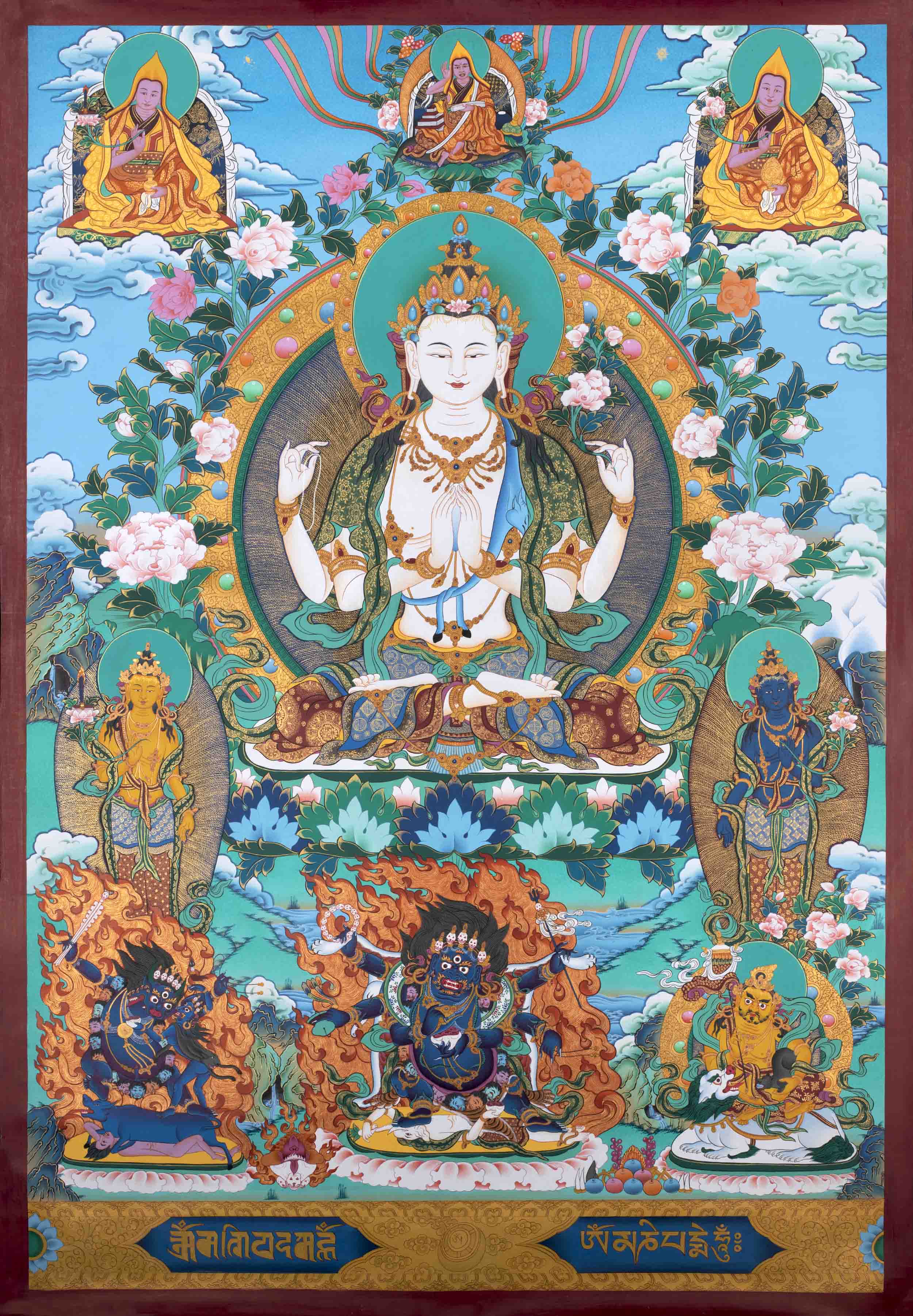Four-Armed Avalokiteshvara Chenresig Thangka | Surrounded By Buddhist Masters, And Bodhisattvas